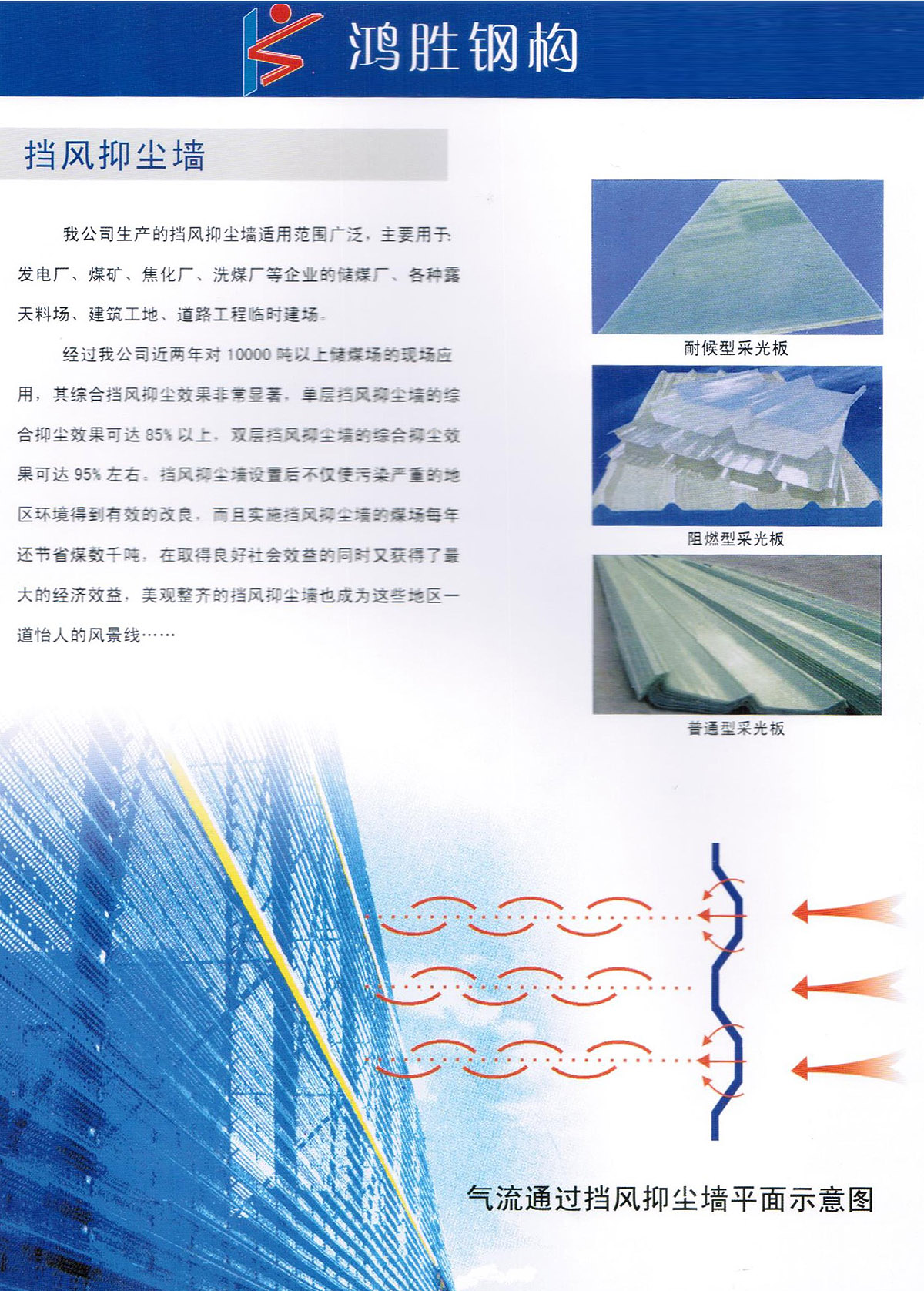我公司生產(chǎn)的擋風(fēng)抑塵墻適用范圍廣泛，主要用于 發(fā)電廠、煤礦、焦化廠、洗煤廠等企業(yè)的儲煤廠、各種露天料場、建筑工地、道路工程臨時建場。